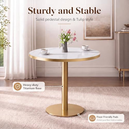 31.5" Round Dining Table, Glossy Sintered Stone Circle Tulip Table with Gold Pedestal, Modern Dining Room Table for Kitchen, Cafe, Living Room (White with Gold) - color: White With Gold