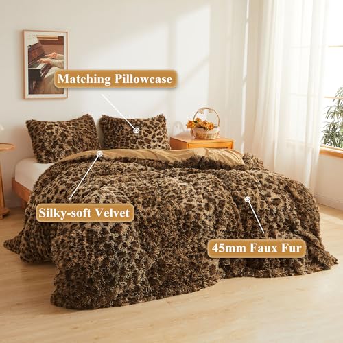 XeGe Cheetah Print Fluffy Faux Fur Duvet Cover Set, Twin, Leopard Brown | 2 Pieces Shaggy Farmhouse Fuzzy Bedding Set(1 Faux Fur Leopard Print Comforter Cover + 1 Furry Pillowcase), Zipper Closure - color: Cheetah Print Brown, size: Twin