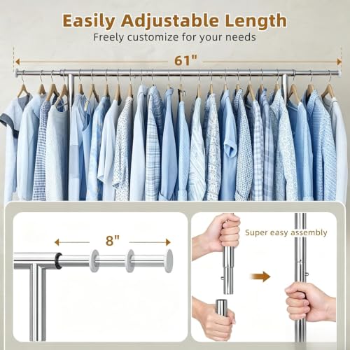 Simple Trending Heavy Duty Clothes Rack, Extensible Clothing Rack, Silver | Garment Rack Load 450 LBS, Portable Closet with Mesh Bottom Shelf, 360° Lockable Wheels, Bedroom, Laundry Room - size: 17"D x 61"W x 66.75"H