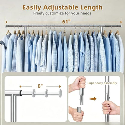Simple Trending Heavy Duty Clothes Rack, Extensible Clothing Rack, Silver | Garment Rack Load 450 LBS, Portable Closet with Mesh Bottom Shelf, 360° Lockable Wheels, Bedroom, Laundry Room - size: 17"D x 61"W x 66.75"H