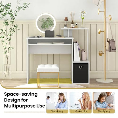 Tangkula Computer Desk with Fabric Drawer & Keyboard Tray, Space-Saving Study Writing Desk with Open Storage Shelves & Printer Stand, Modern Home Office Computer Workstation for Small Spaces (White)