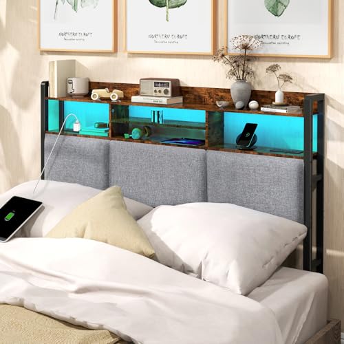 Headboard for Full Size Bed with Charging Station and LED Light | Full Bed Upholstered Head Board with Storage Shelves, Full Size Headboard with Power Outlets, Height Adjustable, Brown - size: Full