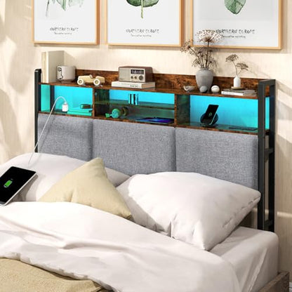 Headboard for Full Size Bed with Charging Station and LED Light | Full Bed Upholstered Head Board with Storage Shelves, Full Size Headboard with Power Outlets, Height Adjustable, Brown - size: Full
