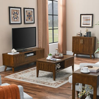 Small Sideboard Buffet,Mid Century Modern Storage Cabinet with Doors | Real Wood Veneer Credenza Storage Cabinet,Living Room Accent Cabinet,Small Walnut Sideboard Buffet,Boho Bar Cabinet - color: Walnut