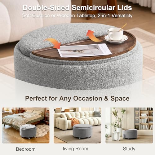 29.5" Round Storage Ottoman Coffee Table, Dual Reversible Lids, Grey | Round Ottoman Coffee Table, Swivel Casters, Hidden Storage, Dual Lift-Off Lids, Teddy Fabric, Living Room, Bedroom - color: Grey