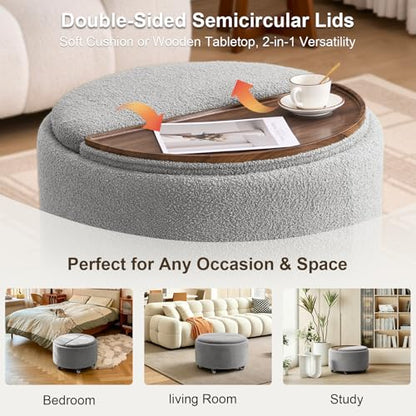 29.5" Round Storage Ottoman Coffee Table, Dual Reversible Lids, Grey | Round Ottoman Coffee Table, Swivel Casters, Hidden Storage, Dual Lift-Off Lids, Teddy Fabric, Living Room, Bedroom - color: Grey