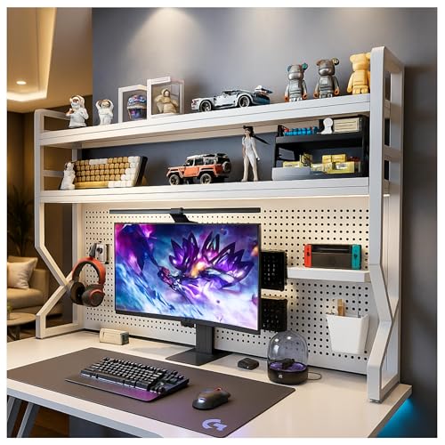 Desktop Hutch Bookshelf,White Metal Desktop Bookcase with pegboard | Desk Shelf, Countertop Storage Organizer Rack for Dorm or Office,Desktop Shelves (White, 53.1" Lx9.9 Wx39 H) - color: White, size: 53.1" Lx9.9 Wx39 H