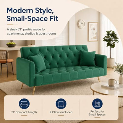 Majnesvon 71" Convertible Folding Sleeper Sofa Couch,Modern Velvet Loveseat Sleeper with 2 Pillows, Futon Sofa Bed with Mattress and Frame for Living Room,Bedroom,Small Space (Green) - color: Green