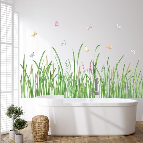 Green Grass Wall Corner Sticker Peel and Stick Flower Butterfly Wall Decal Green Plant Baseboard Skirting Line Wall Sticker for Living Room Decor