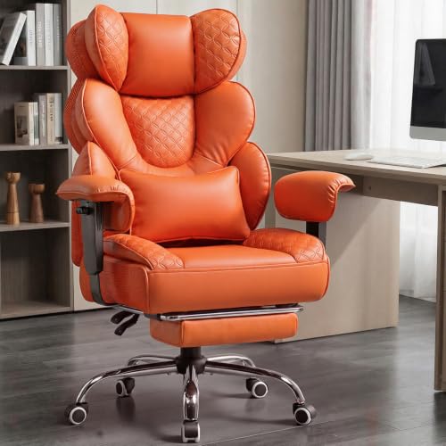 COMHOMA Big and Tall Office Chair with Upgrade Footrest, Heavy Duty Gaming Chair High Back Executive Chair with Spring Lumbar Support for Lower Back Pain Relief, 150°Reclining Adjustable Armrests - color: Orange