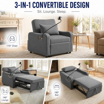 Majnesvon Convertible Chair Bed 3 in 1, Sofa Bed Chair (Dark Gray) | with Adjustable Backrest & Charging Station, Small Space One Person Couch for Apartment, Office, Living Room, Bedroom - color: Dark Gray