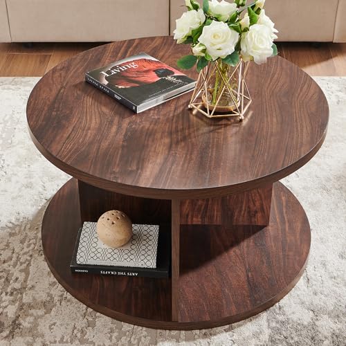32" Modern Round Coffee Table, for Living Room, Dark Walnut | Wood Circle Center Table, 4 Open Storage Cubbies, Cross Support Structure, Small Cocktail Table for Apartment - color: Dark Walnut
