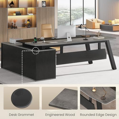 SEDETA 71" L Shaped Executive Desk with File Cabinet & Power Outlet | Computer Desk with 3 Storage Drawers, Adjustable Shelves, CPU Stand, Privacy Baffle, Modern Desk for Home Office, Gray - color: Grey