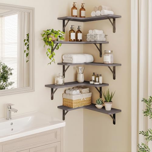 Fixwal Corner Floating Shelves Set of 5, Rustic Wood Wall Mounted Corner Shelf for Bathroom, Kitchen, Bedroom, Home Decor, Laundry Room, Living Room(Gray) | Solid wood shelf with metal brackets, holds 40 lbs. Optimizes corner storage. Fits bathroom, kitch