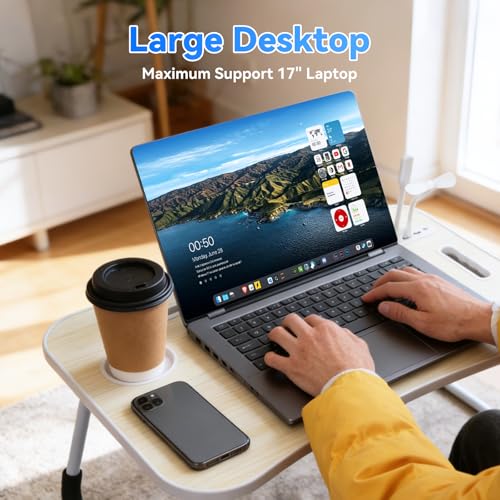 23.6 in Laptop Lap Desk, Foldable Laptop Table Tray with 4 USB Ports, 1 USB Charging Cable, Storage Drawer, Cup Holder, Bed Desk Stand Lap Tray Portable Standing Table for Bed Couch Floor - color: White