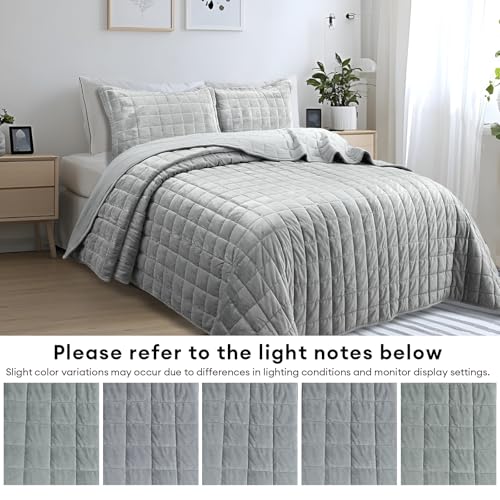 Velvet Quilt Oversized King Size, Luxury Soft Bedding Set, Lightweight Cozy Warm Quilted 3-Piece Velvet Coverlet Bedspread Sets with 2 Pillow Shams for All Season Grey - color: Grey, size: Oversized King(120"x120")