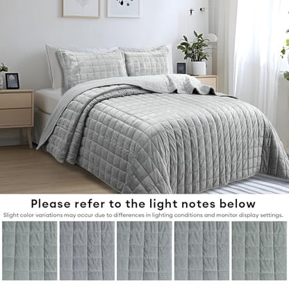Velvet Quilt King Size, Luxury Soft Bedding Set, Lightweight Cozy Warm Quilted 3-Piece Velvet Coverlet Bedspread Set with 2 Pillow Shams for All Season Grey - color: Grey, size: King(98"x106")