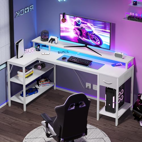 DUMOS 53 Inch Gaming Desk, L Shaped Desk, LED Lights | Monitor Stand, Storage Shelves, Computer Table, USB Charging Ports, Power Outlets, Small Spaces, White - color: White, size: 31.5‘’x 31.8'' x 53''