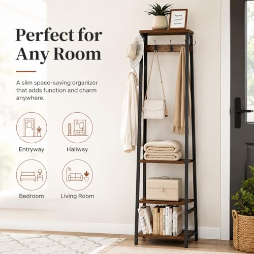 Coat Rack Freestanding with 3 Shelves and 7 Hooks | Coat Stand, Hall Tree Free Standing, Clothes Rack Stand Organizer, Industrial Style, Rustic Brown and Black - color: Rustic Brown and Black, style: 3 Shelves