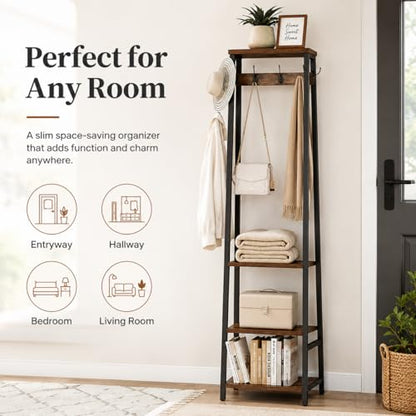 Coat Rack Freestanding with 3 Shelves and 7 Hooks | Coat Stand, Hall Tree Free Standing, Clothes Rack Stand Organizer, Industrial Style, Rustic Brown and Black - color: Rustic Brown and Black, style: 3 Shelves