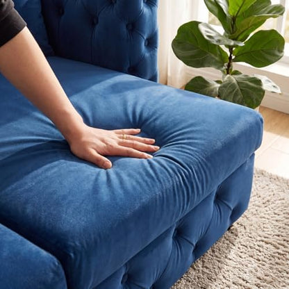 89" 4-Seater Queen Size Pull Out Sofa Bed with 3 Pillows, Blue | 4-Seater Classic Velvet Sofa with Tufted Design,3 Pillows,89" Extra Large 3-in-1 Pull Out Sofa - color: Q-blue-w01