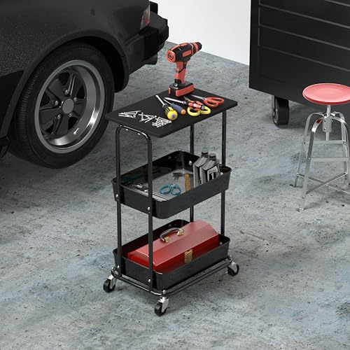 Simple Houseware 2-Tier Rolling Utility Cart Wood Top/Lockable Wheel, Black | Metal Storage Organizer Trolley for Kitchen, Bathroom, Office, Craft Room - color: Black
