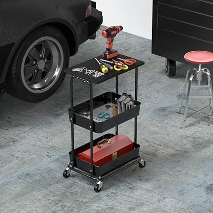 Simple Houseware 2-Tier Rolling Utility Cart Wood Top/Lockable Wheel, Black | Metal Storage Organizer Trolley for Kitchen, Bathroom, Office, Craft Room - color: Black