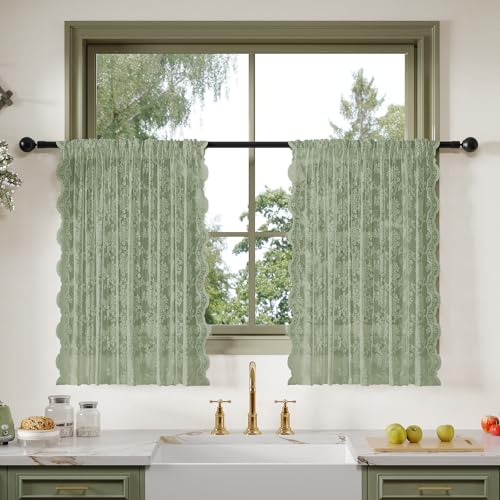 Anmao Vintage Lace Kitchen Curtains 36 Inches Long 2 Panels, Romantic Semi Sheer Floral Over Sink Lacy Cafe Curtain, Elegant Window Short Small Drapes, 55W x 36L, Sage Green - color: Sage Green Plum, size: 55"W x 36"L (Pack of 2)