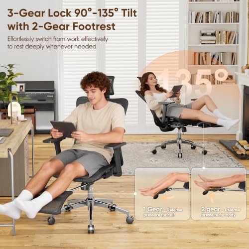 Ergonomic Office Chair with Footrest, 135° Reclining Desk Chair with Adjustable Lumbar Support,3D Armrest,Headrest & Large Steel Base, 300LBS Heavy Duty Mesh Chair - color: Onyx Black, size: 20.6X19.1X42.7~48.8 Inches