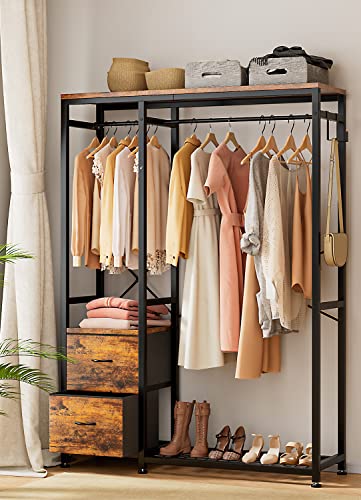 Clothes Rack with 2 Rods, Shelves, Drawers & Hooks, Garment Rack | Clothes rack with 2 hanging rods (50lbs each), 2 shelves, 2 fabric drawers & 4 hooks. 300lb total capacity. Fits small spaces - color: Rustic Brown