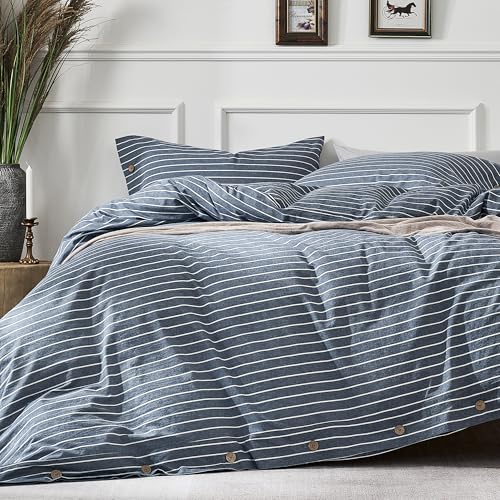 JELLYMONI 100% Washed Cotton Striped Duvet Cover Set Queen, Linen-Like | 100% Washed Cotton, Linen-Look Texture, Oeko-Tex Certified, 8 Corner Ties & Button, Multi-Scene Use - color: 03- Blue Pinstripe, size: Queen(90"×90")