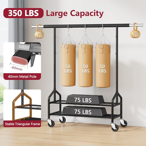 Clothing Rack with 2 Shelves, Metal Heavy Duty Load 350 LBS, Black | Adjustable Clothes Rack, Extendable Garment Rack for Hanging Clothes, Rolling Rack for Bedroom, Laundry Room, Clothes Store - color: Black