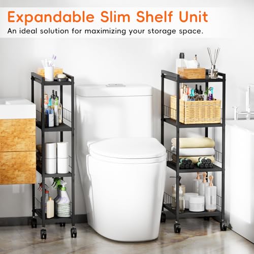 Expandable Slim Storage Cart with Wheels, 4 Tier Narrow Metal Rolling Utility Cart Organizer Adjustable Open Floor Shelving Unit for Small Spaces Bathroom Laundry Room Kitchen