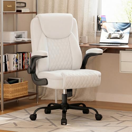 GTPLAYER PU Leather Office Chair, Home Desk Chair with Flip-up Arms, White | Ergonomic Back, Comfy Executive Chair for Home Office Gaming, Flexible Rocking, Heavy Duty Chairs - color: White