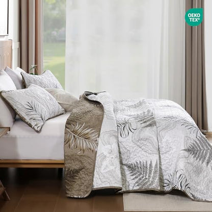 DJY Brown Quilts Queen Size Floral Leaves Bedspread Reversible Coverlet Set, Fall Quilt Bedding Set 3 Pieces Soft Lightweight Botanical Bedding Cover 96''x90'' - color: Brown White, size: Queen