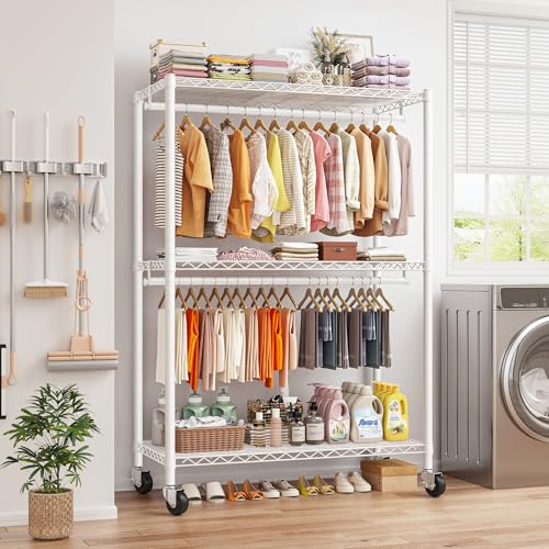 Raybee Heavy Duty Clothes Rack, 45" W Clothing Racks for Hanging Clothes, Clothing Rack with Wheels and Adjustable Feet, Max Load 440LBS, White - color: White
