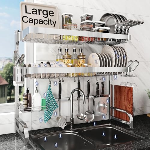Over The Sink Dish Drying Rack, Extra Large Capacity Dish Drainer | 3 Tier Extra Large All Stainless Steel Expandable Plate Strainers, Rustproof Metal, Counter Space Saving, Modern Silver - color: Silver, style: Over Sink 3 Tier