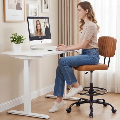 DUMOS Armless Drafting Chair, Standing Desk Chair, Rolling Stool | Ergonomic Low Back Office Seat, Height Adjustable with Footrest Ring, PU Leather, Swivel Wheels, Studio Lab Counter, Brown - color: Brown