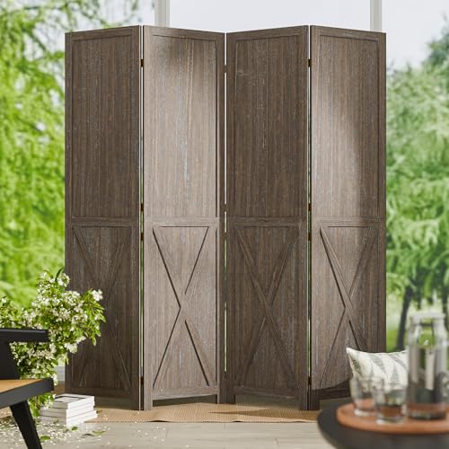4 Panel Folding Room Divider, Solid Wood Privacy Screen, Freestanding Partition Wall, Temporary Wall for Home/Office/Bedroom/Restaurant, Rustic Brown - color: Rustic Brown