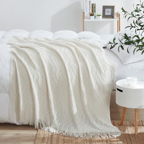 KASYLAN Acrylic Knitted Throw Blanket for Sofa Bed 50x60 Inch Off White | Ultra soft acrylic knit, lightweight warm, multi-scene for sofa couch bed, machine washable, breathable textured throw - color: Rhombu-off White