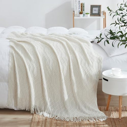 KASYLAN Acrylic Knitted Throw Blanket for Sofa Bed 50x60 Inch Off White | Ultra soft acrylic knit, lightweight warm, multi-scene for sofa couch bed, machine washable, breathable textured throw - color: Rhombu-off White