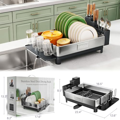 SNTD 304 Stainless Steel Dish Drying Rack for Small Kitchen Counter, Black | Rustproof, Large Capacity, Heavy-Duty Frame, Rotating Spout, Angled Drainboard, Removable Cup & Utensil Holder - color: Black