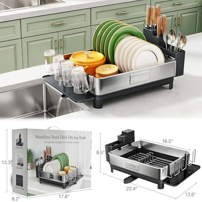 SNTD 304 Stainless Steel Dish Drying Rack for Small Kitchen Counter, Black | Rustproof, Large Capacity, Heavy-Duty Frame, Rotating Spout, Angled Drainboard, Removable Cup & Utensil Holder - color: Black