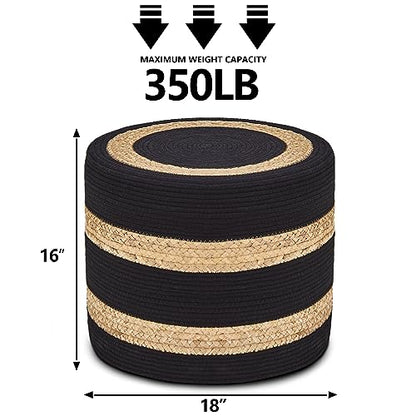 Wimarsbon 18'' Ottoman Pouf, Natural Braided Poof, Rustic Handweave Lounge Pouffe, Boho Footrest Stool for Bedroom, Accent Table or Seat for Living Room (Natural Water Hyacinth + Black Cotton Rope) - color: 18inch Natural Water Hyacinth + Black Cotton Rop