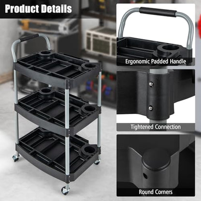 3 Tier Rolling Utility Cart with Compartment & Universal Wheels | 3 Shelf Rolling Storage Cart, Plastic Tool Cart Organizer for Garage, Office, Home, Warehouse, Repair Shop