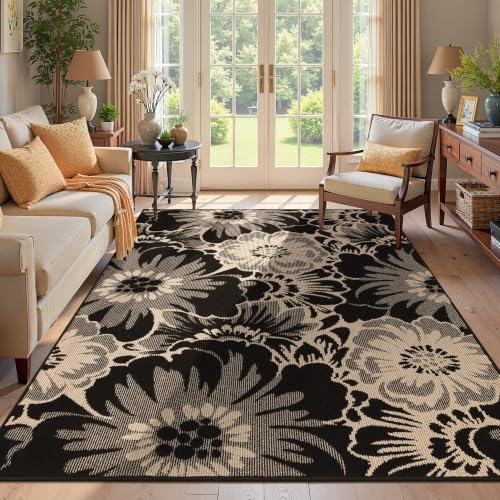 Findosom Washable Area Rug 5x7, Non Slip High-Low Textured Floral Rugs for Living Room with Rubber Backing, Boho Carpet for Bedroom, Kitchen, Entryway, Laundry, Black & Beige - color: Black/Beige, size: 5' x 7'