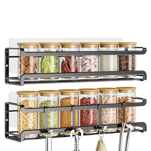 Bunoxea Spice Rack Wall Mounted 2 Pack, Black,11.41x2.75x2.75in | 2 Removalble Hooks,Screw or Adhesive Hanging,Space-Saving,For Kitchen Cabinet, Pantry Door,Stove,RV - color: Black, size: 2Pack