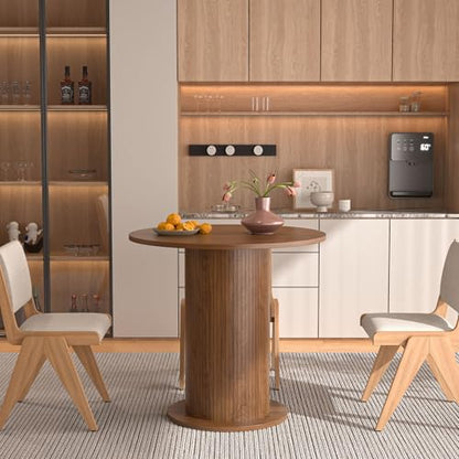 31.5 inch Round Dining Table for 2, Modern Farmhouse Kitchen Table | Small Circle Dining Tables with Wood Strip Base for Kitchen Living Room - color: Walnut