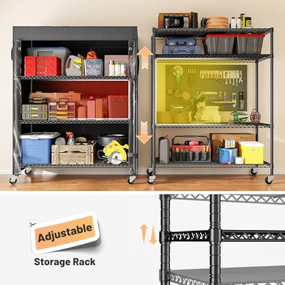 REIBII 4-Tier Shelving Unit with Cover, Dustproof, with Wheels for Pantry | Heavy-duty steel, 794 lbs capacity, Dustproof cover with zippered access, 4 lockable wheels, Adjustable, Tool-free assembly - size: 36" W x 14.3" D x 56.5" H
