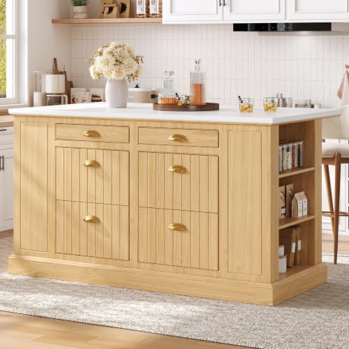 63" Kitchen Island with Storage, Farmhouse Stationary Island Table with 6 Drawers & Open Shelves, Heat-Resistant Countertop Storage Cabinet for Kitchen, Natural